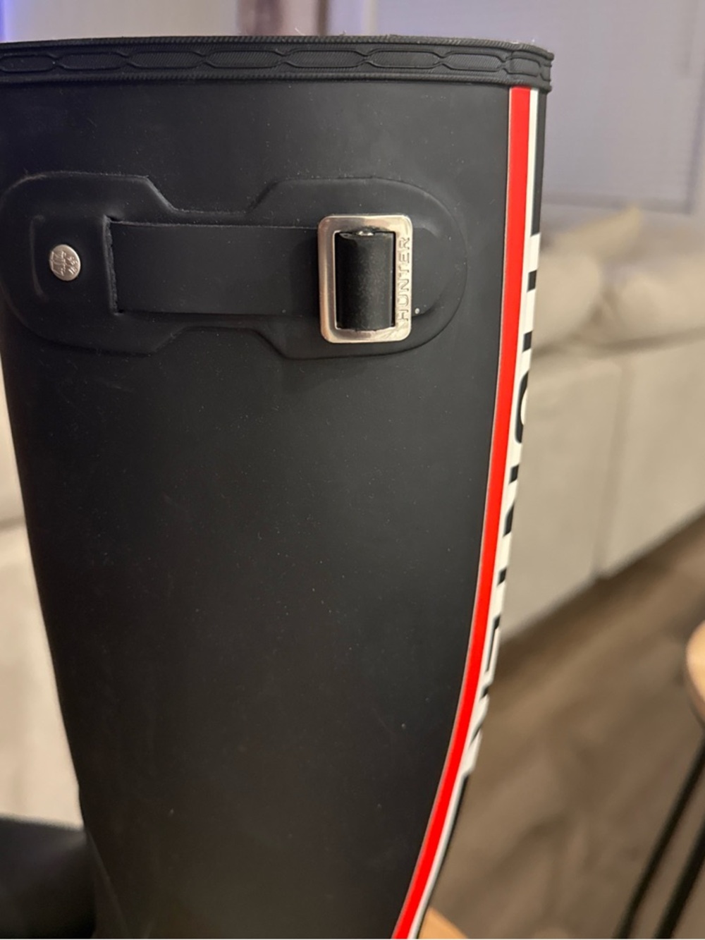 Hunter Black Rain Boots with Red & White Stripes - Picture 6 of 6